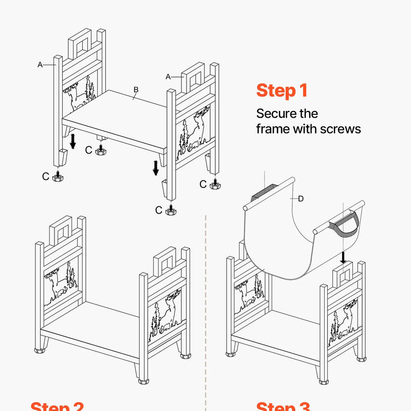 VEVOR iekštelpu malkas statīvs, 45 cm izliekts malkas turētājs ar auduma malkas somu, kravnesība līdz 18 kg, pulverkrāsota tērauda konstrukcija, malkas uzglabāšanai pie kamīna