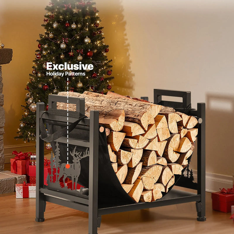 VEVOR iekštelpu malkas statīvs, 45 cm izliekts malkas turētājs ar auduma malkas somu, kravnesība līdz 18 kg, pulverkrāsota tērauda konstrukcija, malkas uzglabāšanai pie kamīna