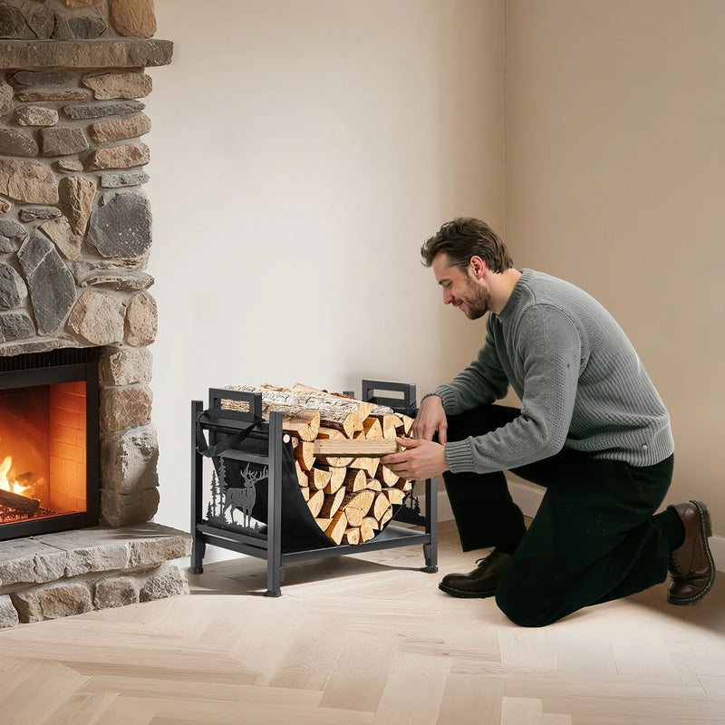 VEVOR iekštelpu malkas statīvs, 45 cm izliekts malkas turētājs ar auduma malkas somu, kravnesība līdz 18 kg, pulverkrāsota tērauda konstrukcija, malkas uzglabāšanai pie kamīna