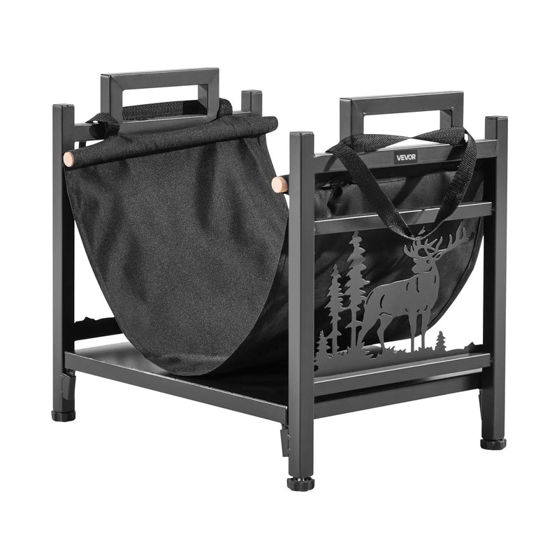 VEVOR iekštelpu malkas statīvs, 45 cm izliekts malkas turētājs ar auduma malkas somu, kravnesība līdz 18 kg, pulverkrāsota tērauda konstrukcija, malkas uzglabāšanai pie kamīna