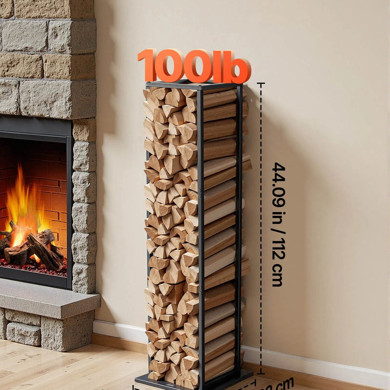 VEVOR iekštelpu malkas statīvs, 33 × 32 × 112 cm malkas turētājs, līdz 45 kg kravnesība, augsts glabāšanas statīvs, pulverkrāsota tērauda konstrukcija, izturīgs statīvs kamīnam