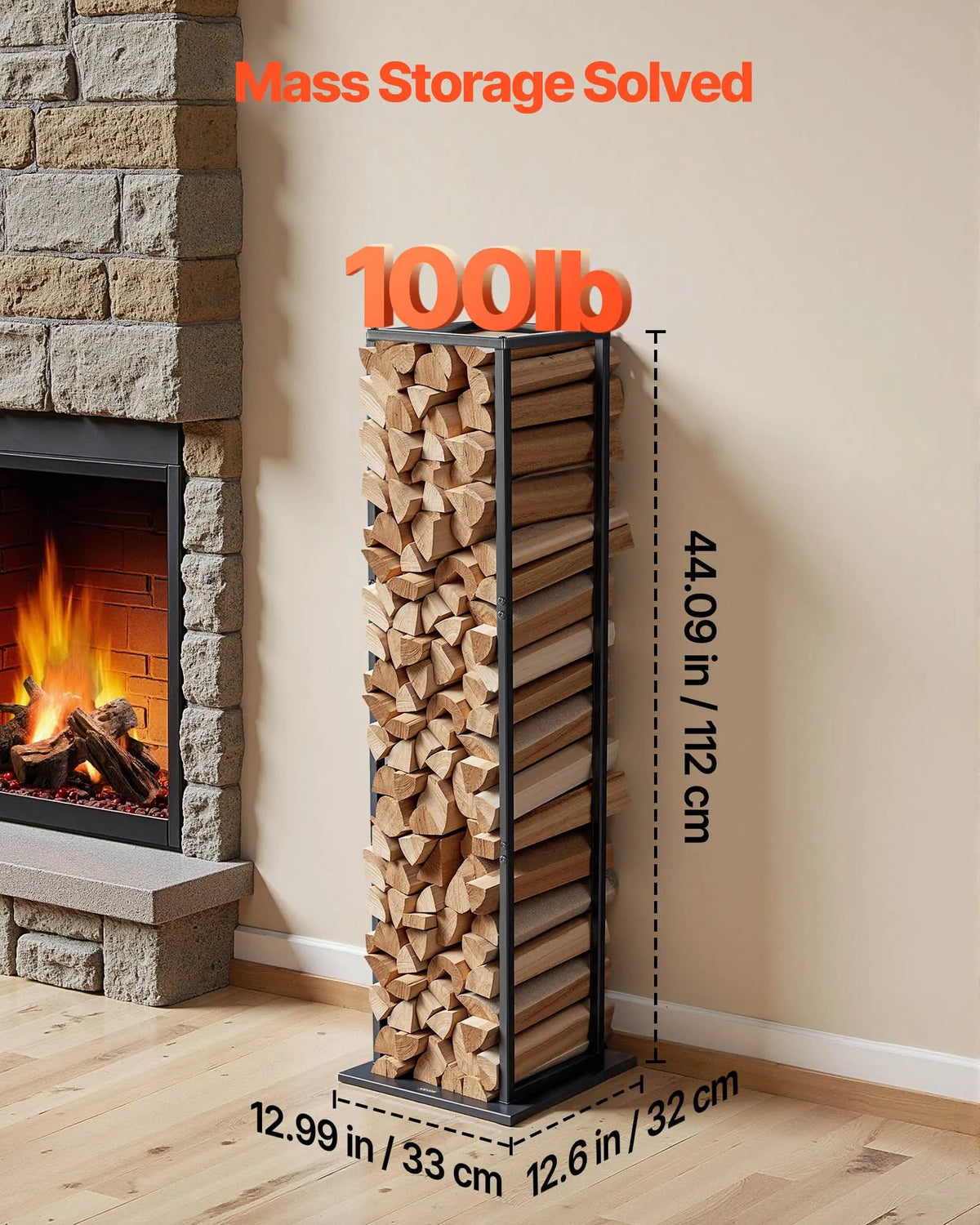 VEVOR Indoor Firewood Rack, 33 × 32 × 112 cm Wood Holder, Up to 45 kg Weight Capacity, Tall Storage Stand, Powder-Coated Steel Construction, Durable Fireplace Stand