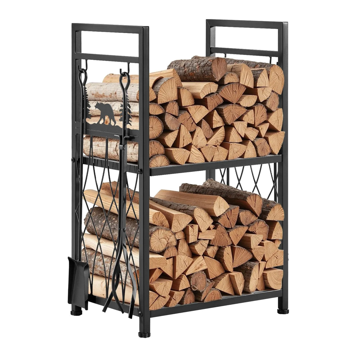 VEVOR Indoor Firewood Rack, 45.5 cm Two-Tier Firewood Holder with Fireplace Tools (Brush, Shovel, Poker, Tongs), Reinforced Construction, Load Capacity up to 181 kg, for Firewood Storage by Fireplace or Fire Pit