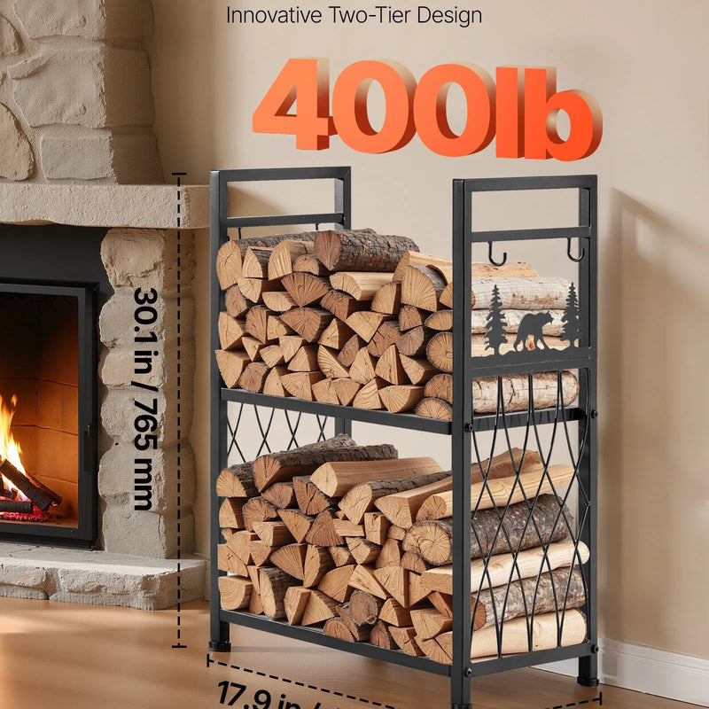 VEVOR iekštelpu malkas statīvs, 45,5 cm divlīmeņu malkas turētājs ar kamīna instrumentiem (birste, lāpsta, kruķis, knaibles), pastiprināta konstrukcija, kravnesība līdz 181 kg, malkas glabāšanai pie kamīna vai ugunskura
