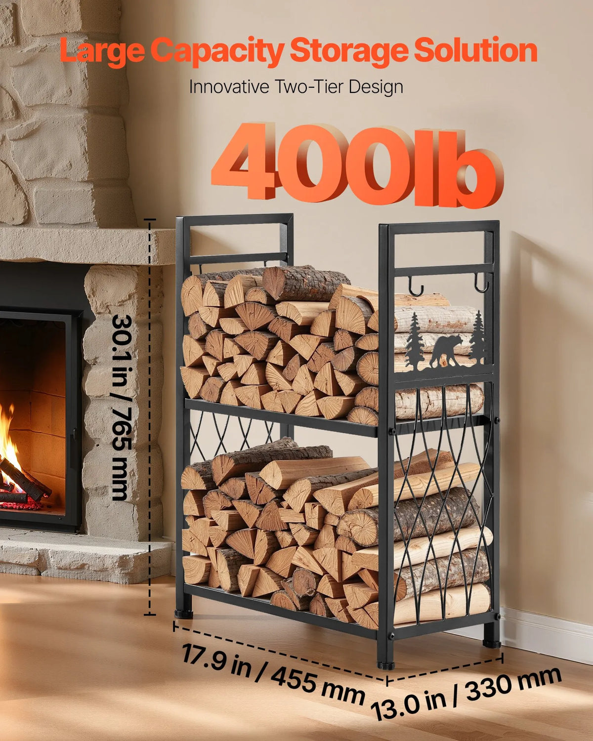 VEVOR Indoor Firewood Rack, 45.5 cm Two-Tier Firewood Holder with Fireplace Tools (Brush, Shovel, Poker, Tongs), Reinforced Construction, Load Capacity up to 181 kg, for Firewood Storage by Fireplace or Fire Pit
