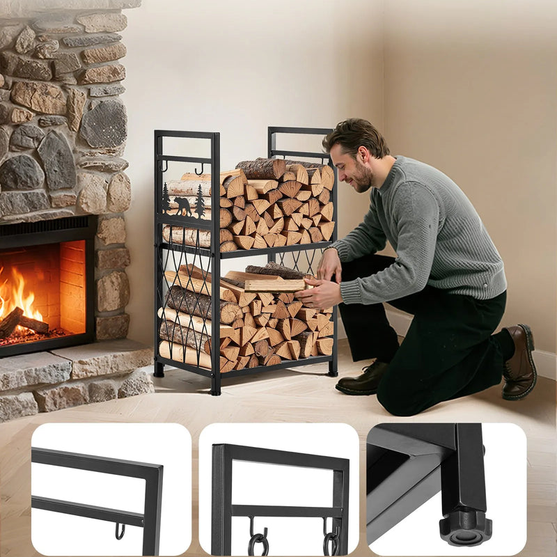 VEVOR iekštelpu malkas statīvs, 45,5 cm divlīmeņu malkas turētājs ar kamīna instrumentiem (birste, lāpsta, kruķis, knaibles), pastiprināta konstrukcija, kravnesība līdz 181 kg, malkas glabāšanai pie kamīna vai ugunskura