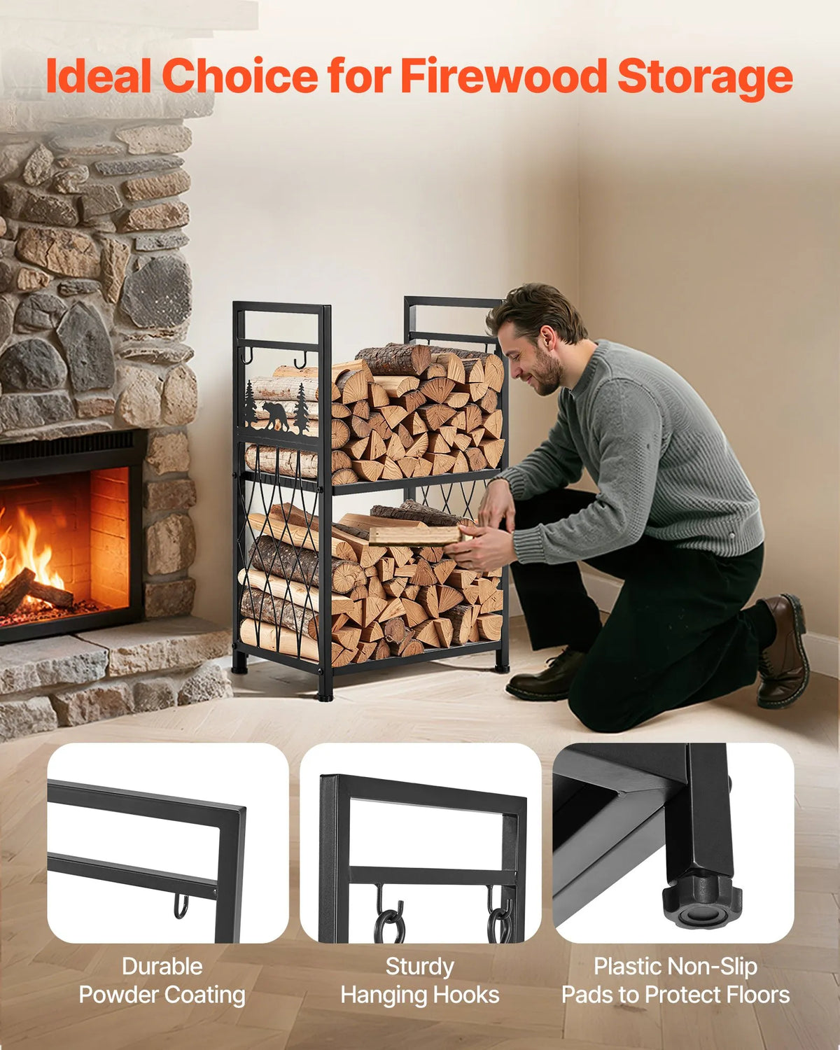 VEVOR Indoor Firewood Rack, 45.5 cm Two-Tier Firewood Holder with Fireplace Tools (Brush, Shovel, Poker, Tongs), Reinforced Construction, Load Capacity up to 181 kg, for Firewood Storage by Fireplace or Fire Pit