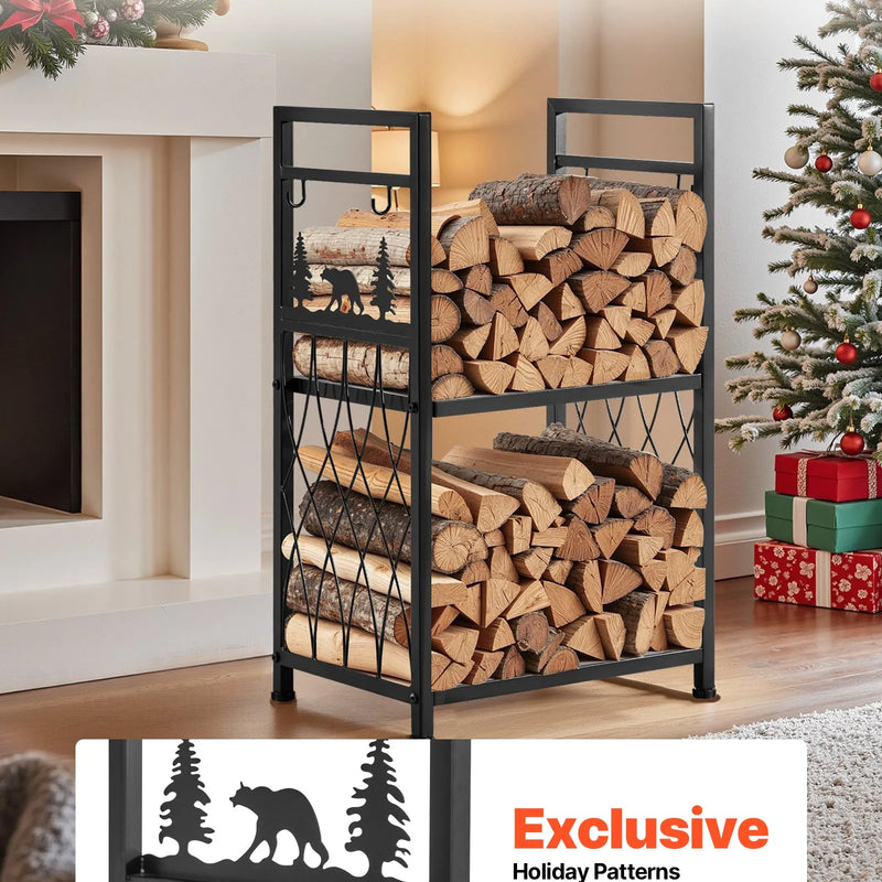 VEVOR iekštelpu malkas statīvs, 45,5 cm divlīmeņu malkas turētājs ar kamīna instrumentiem (birste, lāpsta, kruķis, knaibles), pastiprināta konstrukcija, kravnesība līdz 181 kg, malkas glabāšanai pie kamīna vai ugunskura