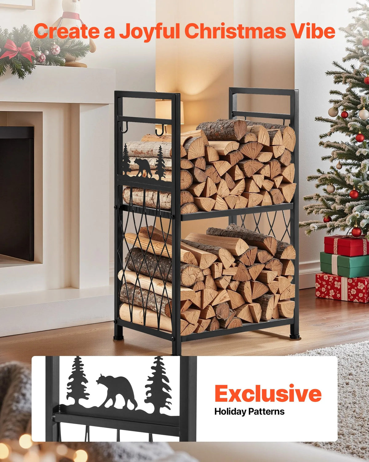 VEVOR Indoor Firewood Rack, 45.5 cm Two-Tier Firewood Holder with Fireplace Tools (Brush, Shovel, Poker, Tongs), Reinforced Construction, Load Capacity up to 181 kg, for Firewood Storage by Fireplace or Fire Pit