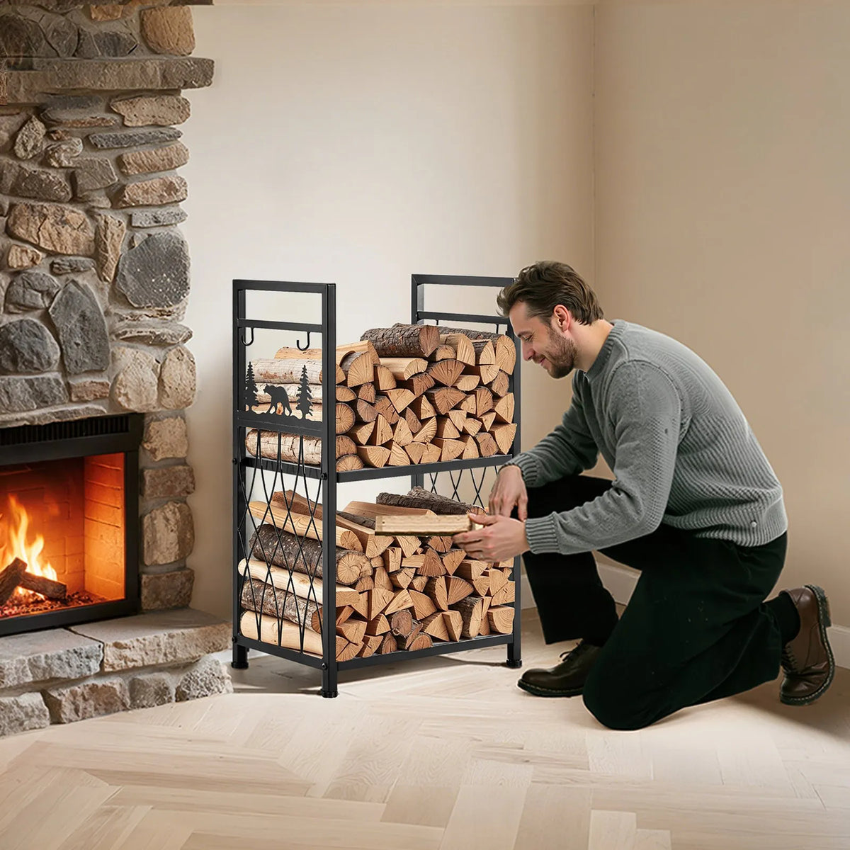 VEVOR Indoor Firewood Rack, 45.5 cm Two-Tier Firewood Holder with Fireplace Tools (Brush, Shovel, Poker, Tongs), Reinforced Construction, Load Capacity up to 181 kg, for Firewood Storage by Fireplace or Fire Pit
