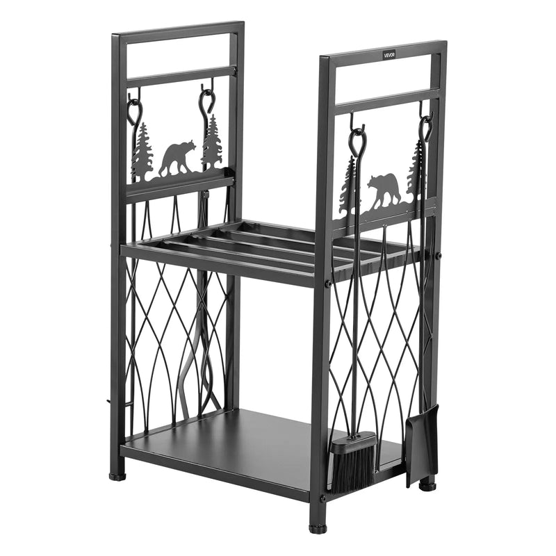 VEVOR iekštelpu malkas statīvs, 45,5 cm divlīmeņu malkas turētājs ar kamīna instrumentiem (birste, lāpsta, kruķis, knaibles), pastiprināta konstrukcija, kravnesība līdz 181 kg, malkas glabāšanai pie kamīna vai ugunskura