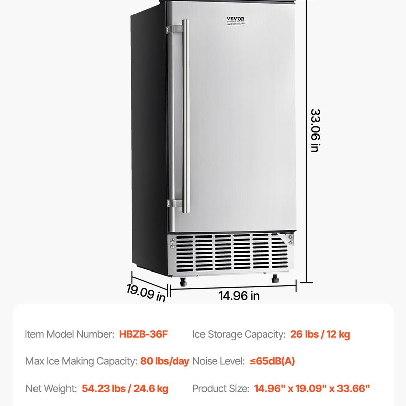VEVOR iebūvējamā ledus mašīna 36 kg/dienā ar maināmajām durvīm