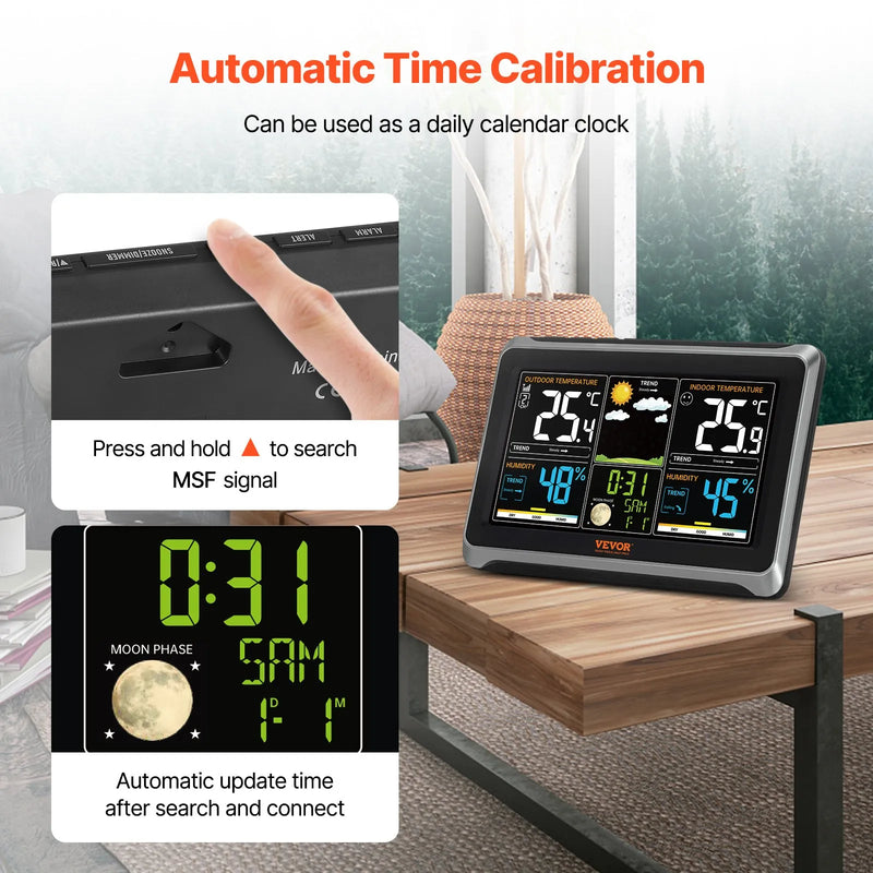 Iekštelpu un āra laikapstacija ar 19 cm krāsu displeju, bezvadu digitālā mājas laikapstacija ar sensoru, atomlaika pulksteni, regulējamu fona apgaismojumu, prognožu datiem, kalendāru, trauksmes un brīdinājuma funkcijām (bez Wi-Fi)