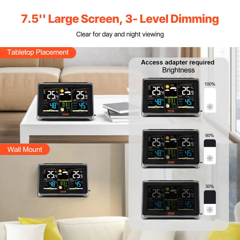 Iekštelpu un āra laikapstacija ar 19 cm krāsu displeju, bezvadu digitālā mājas laikapstacija ar sensoru, atomlaika pulksteni, regulējamu fona apgaismojumu, prognožu datiem, kalendāru, trauksmes un brīdinājuma funkcijām (bez Wi-Fi)