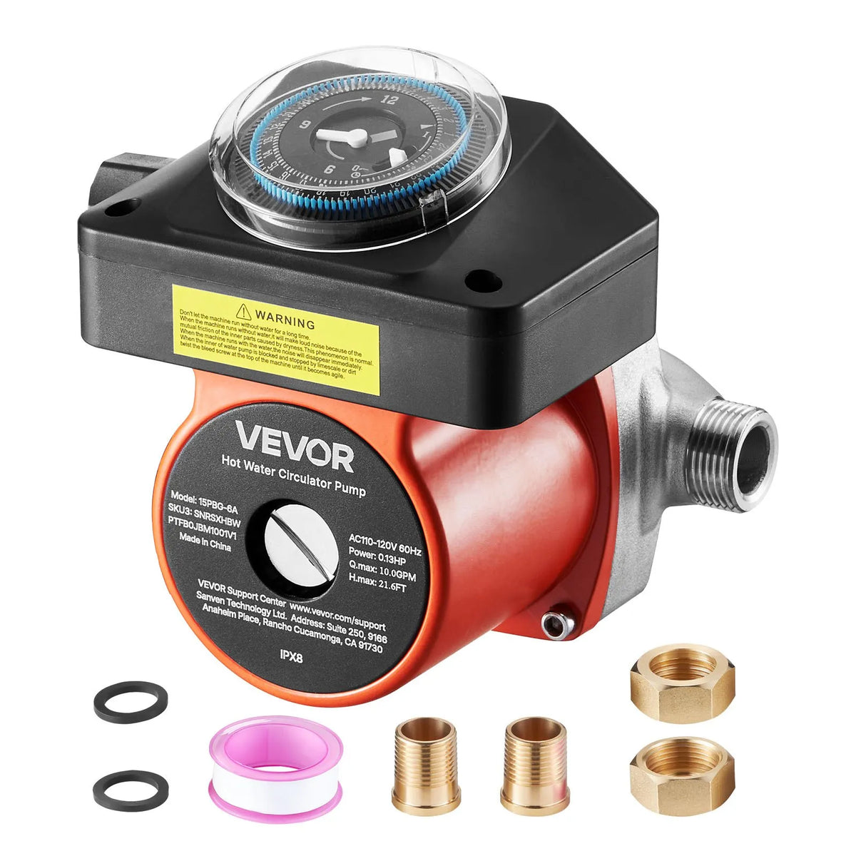 VEVOR Hot Water Recirculation Pump with Timer, 38 l/min, Instant Recirculation Kit, 100 W, AC 220–240 V, G3/4 to G1/2 Connector, for Heating Boilers and Solar Water Heaters