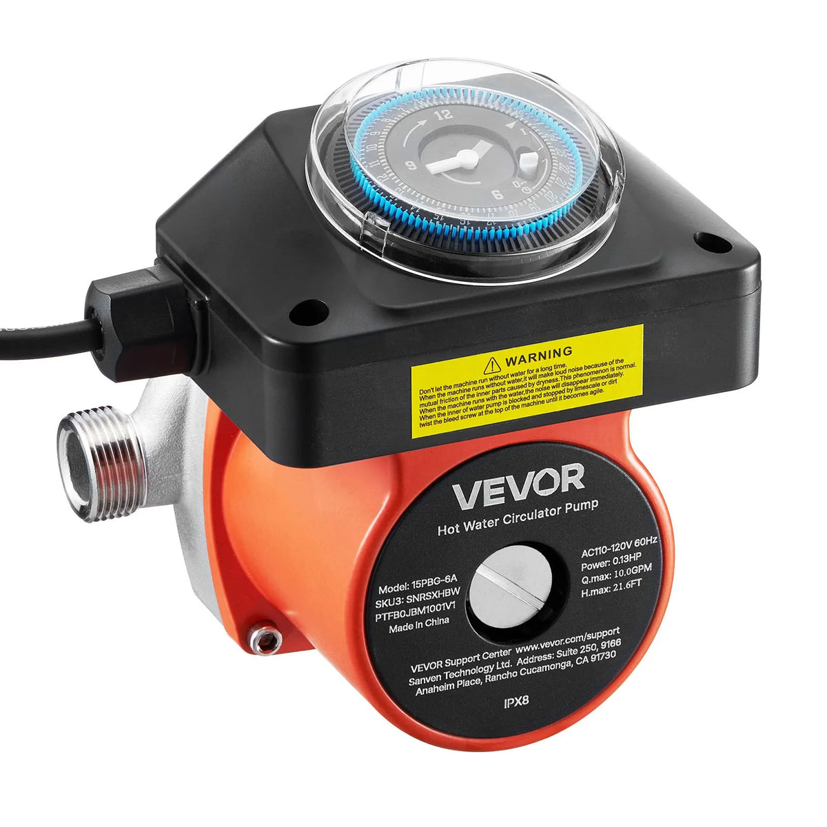 VEVOR Hot Water Recirculation Pump with Timer, 38 l/min, Instant Recirculation Kit, 100 W, AC 220–240 V, G3/4 to G1/2 Connector, for Heating Boilers and Solar Water Heaters