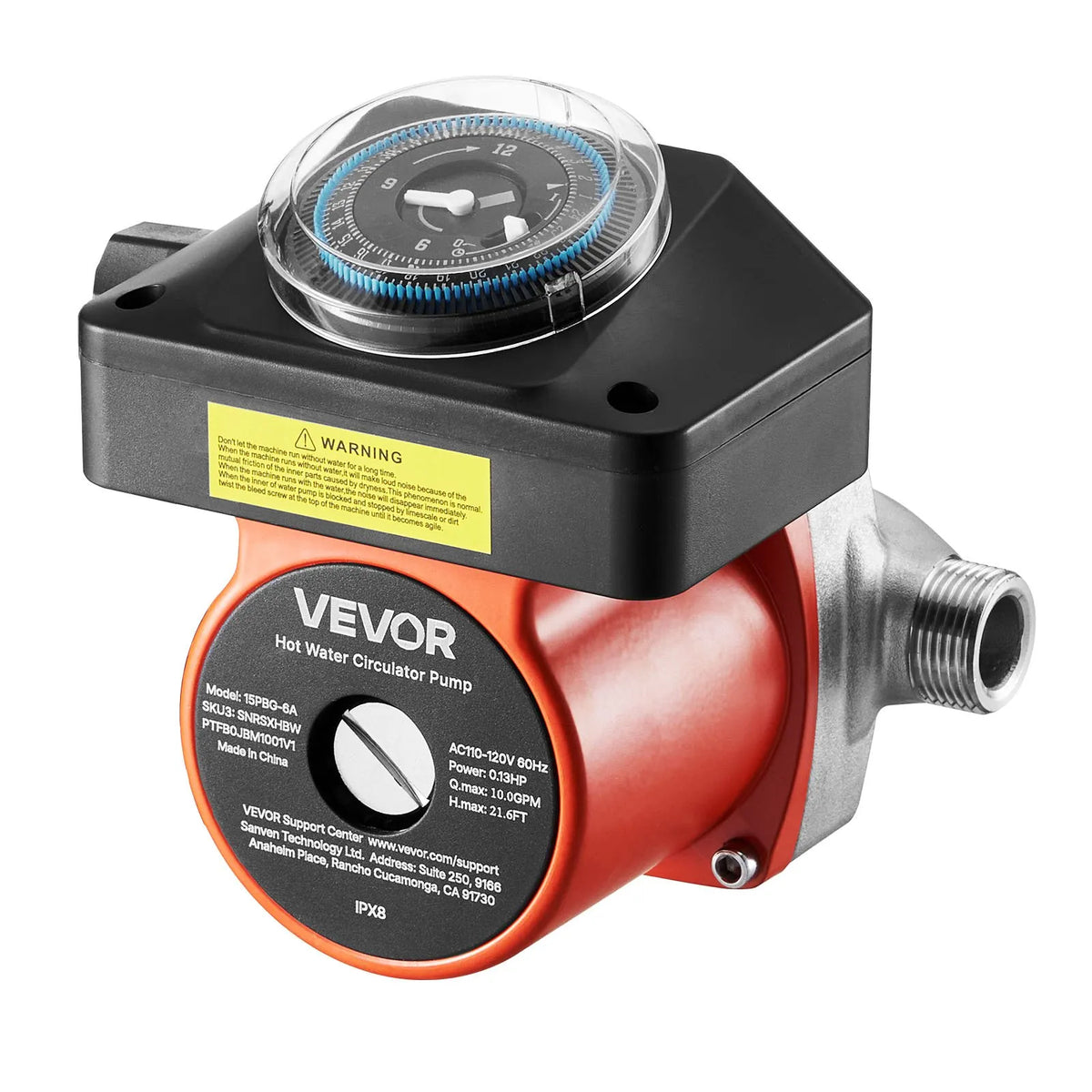 VEVOR Hot Water Recirculation Pump with Timer, 38 l/min, Instant Recirculation Kit, 100 W, AC 220–240 V, G3/4 to G1/2 Connector, for Heating Boilers and Solar Water Heaters