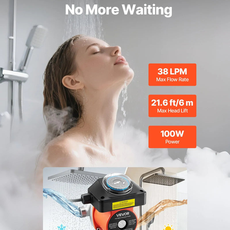 VEVOR karstā ūdens recirkulācijas sūknis ar taimeri, 38 l/min, tūlītējas recirkulācijas komplekts, 100 W, AC 220–240 V, G3/4 līdz G1/2 savienotājs, apkures katliem un saules ūdens sildītājiem