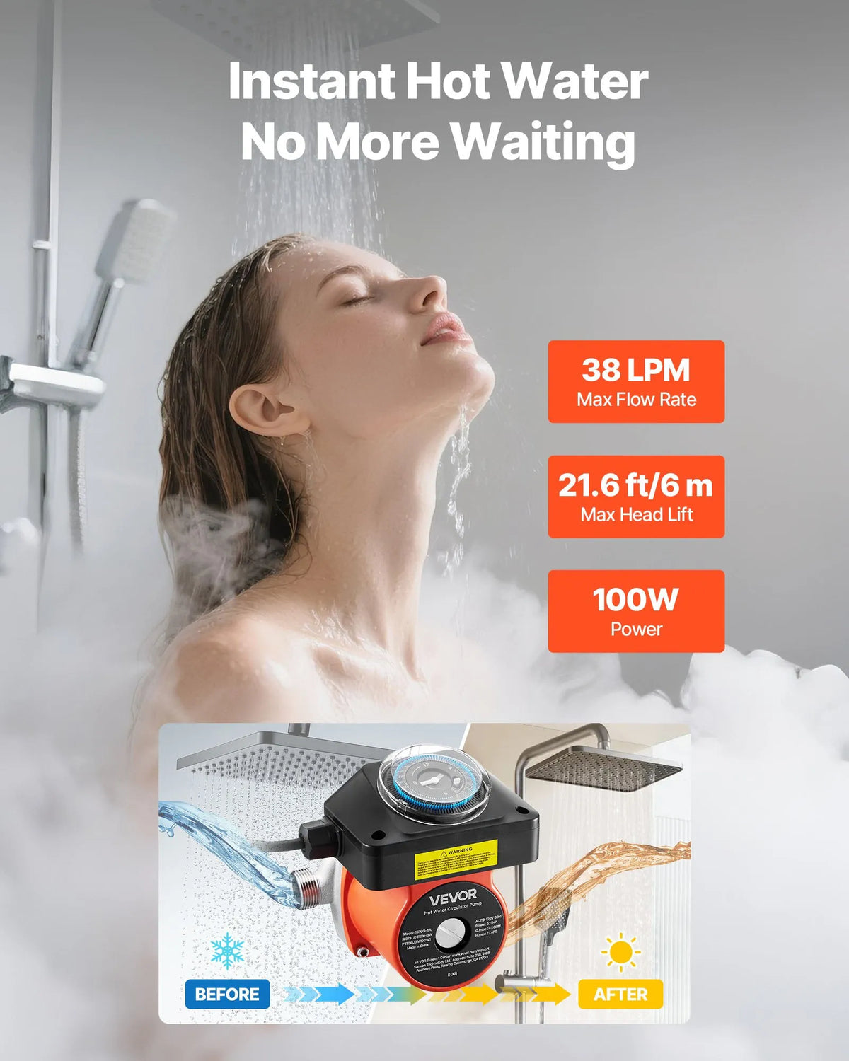 VEVOR Hot Water Recirculation Pump with Timer, 38 l/min, Instant Recirculation Kit, 100 W, AC 220–240 V, G3/4 to G1/2 Connector, for Heating Boilers and Solar Water Heaters