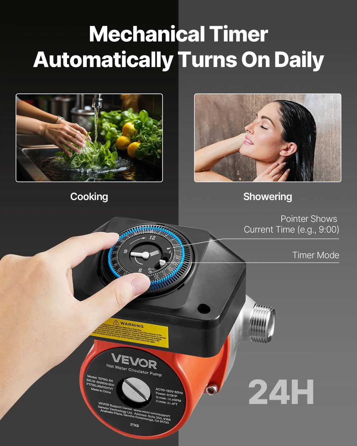 VEVOR Hot Water Recirculation Pump with Timer, 38 l/min, Instant Recirculation Kit, 100 W, AC 220–240 V, G3/4 to G1/2 Connector, for Heating Boilers and Solar Water Heaters