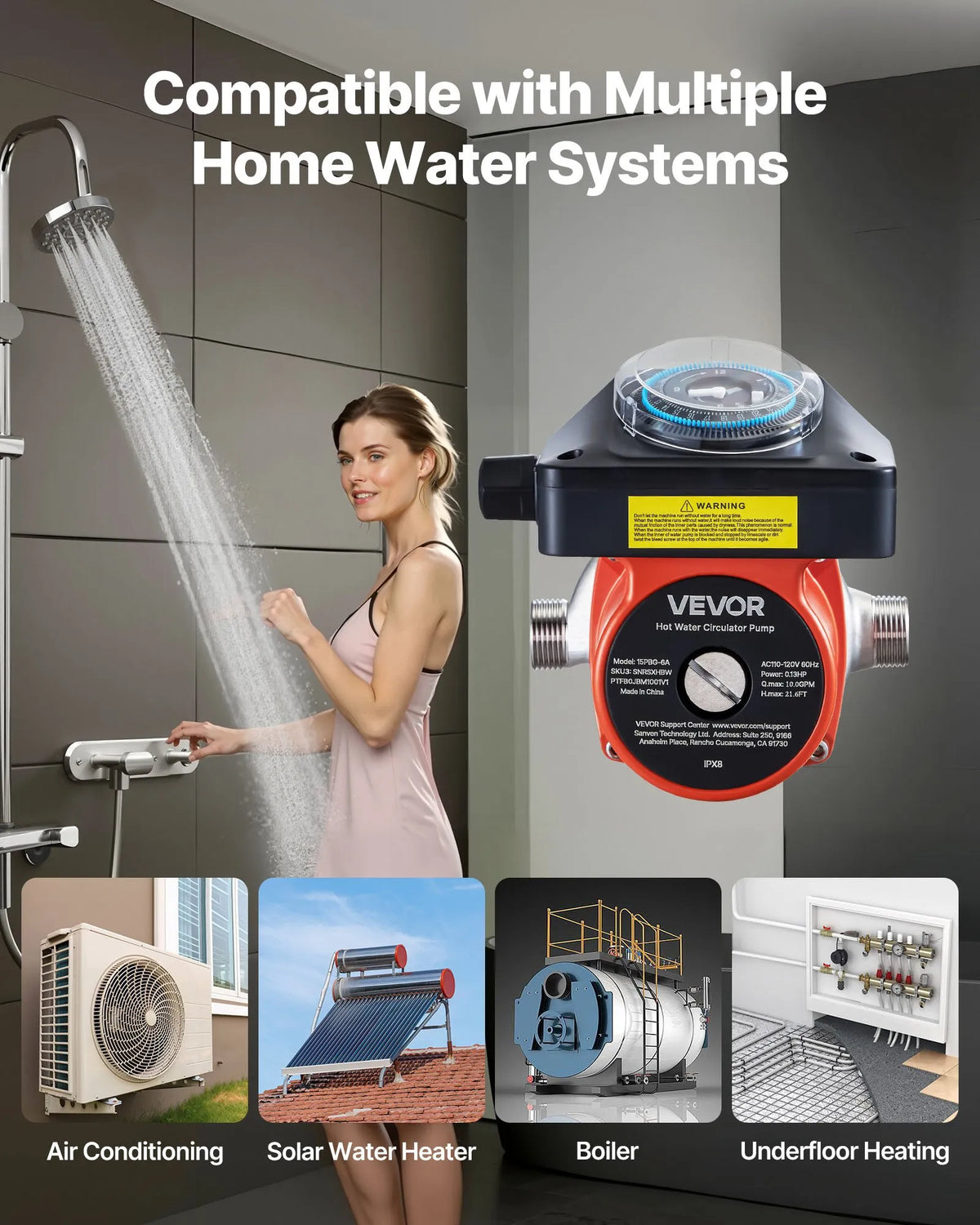 VEVOR Hot Water Recirculation Pump with Timer, 38 l/min, Instant Recirculation Kit, 100 W, AC 220–240 V, G3/4 to G1/2 Connector, for Heating Boilers and Solar Water Heaters