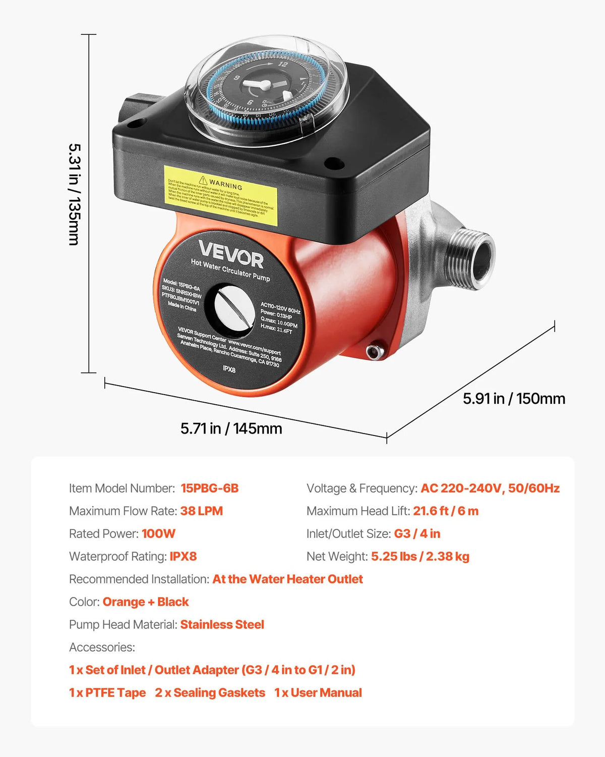 VEVOR Hot Water Recirculation Pump with Timer, 38 l/min, Instant Recirculation Kit, 100 W, AC 220–240 V, G3/4 to G1/2 Connector, for Heating Boilers and Solar Water Heaters