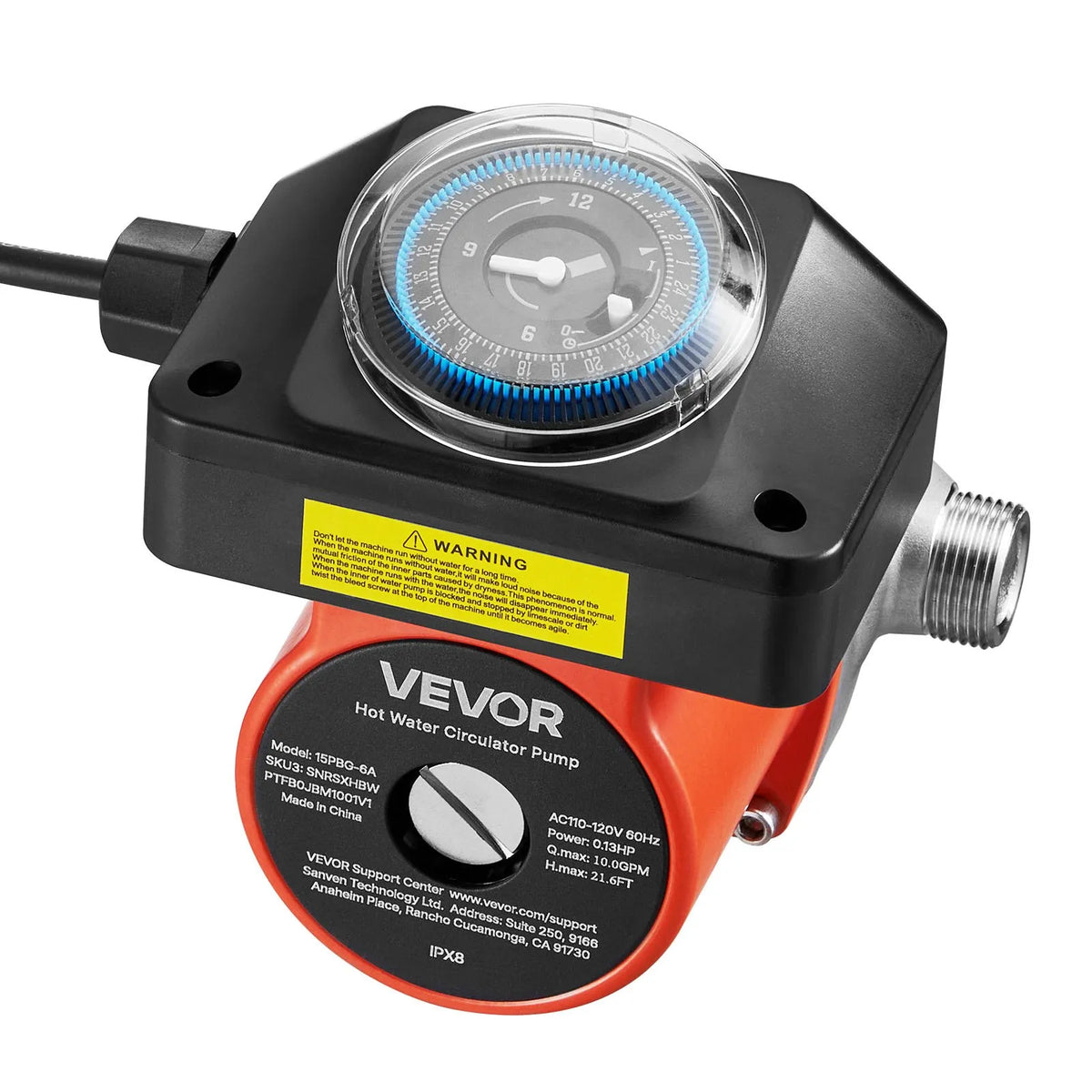 VEVOR Hot Water Recirculation Pump with Timer, 38 l/min, Instant Recirculation Kit, 100 W, AC 220–240 V, G3/4 to G1/2 Connector, for Heating Boilers and Solar Water Heaters