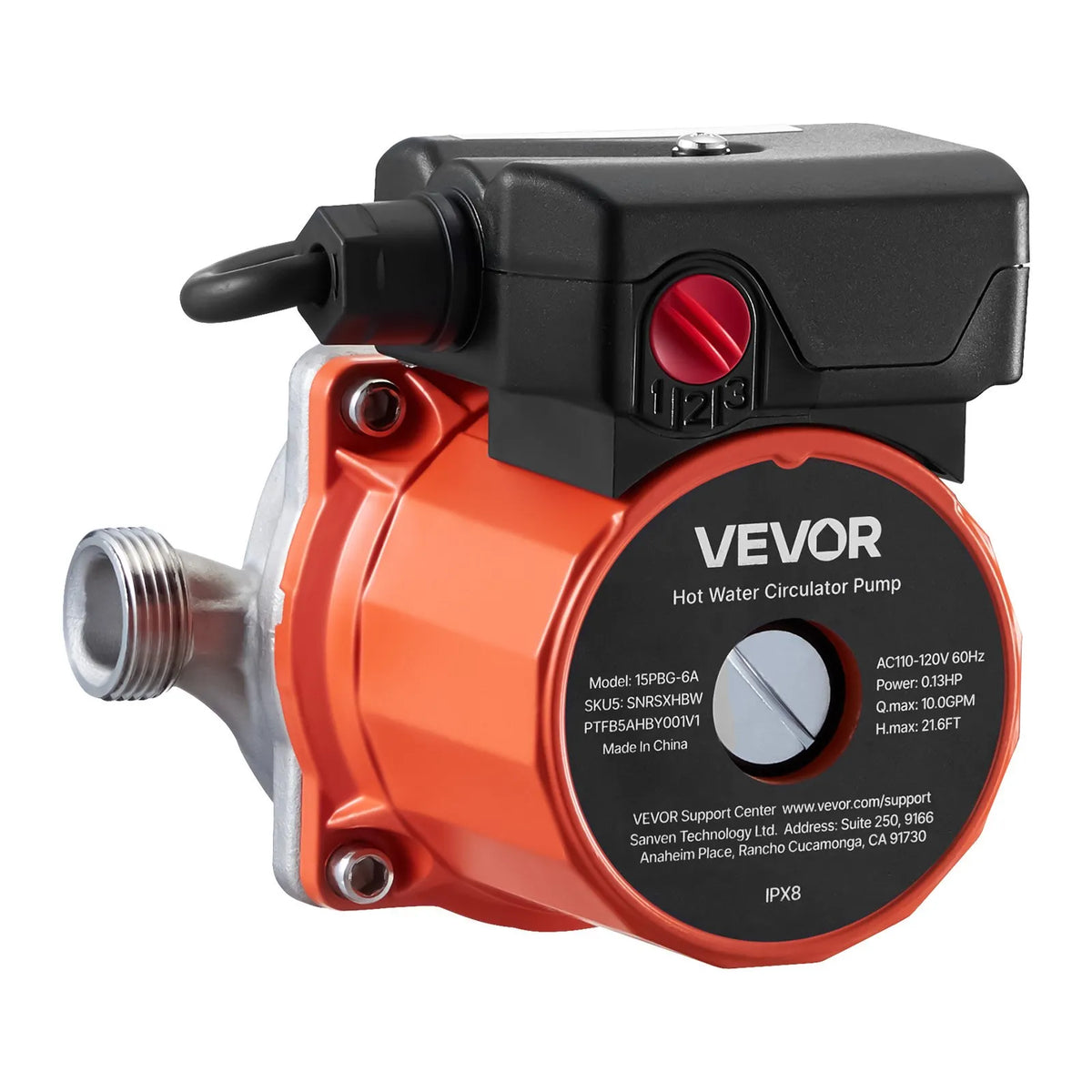 VEVOR Hot Water Recirculation Pump, 38 l/min, Instant Circulation System, 3-Speed Control, 100 W, AC 220–240 V, G3/4 to G1/2 Adapter, Stainless Steel Pump Head, for Water Heating Systems