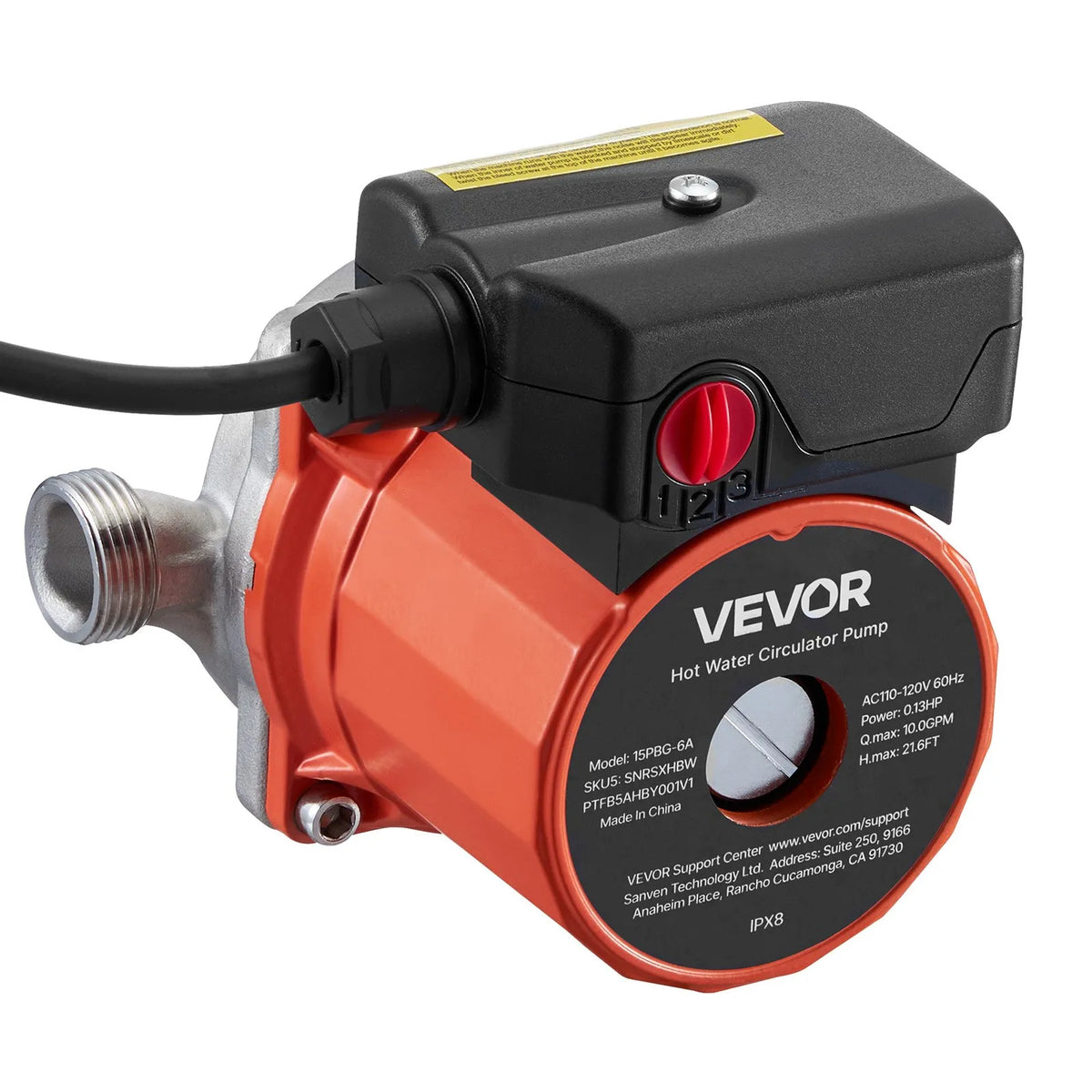 VEVOR Hot Water Recirculation Pump, 38 l/min, Instant Circulation System, 3-Speed Control, 100 W, AC 220–240 V, G3/4 to G1/2 Adapter, Stainless Steel Pump Head, for Water Heating Systems