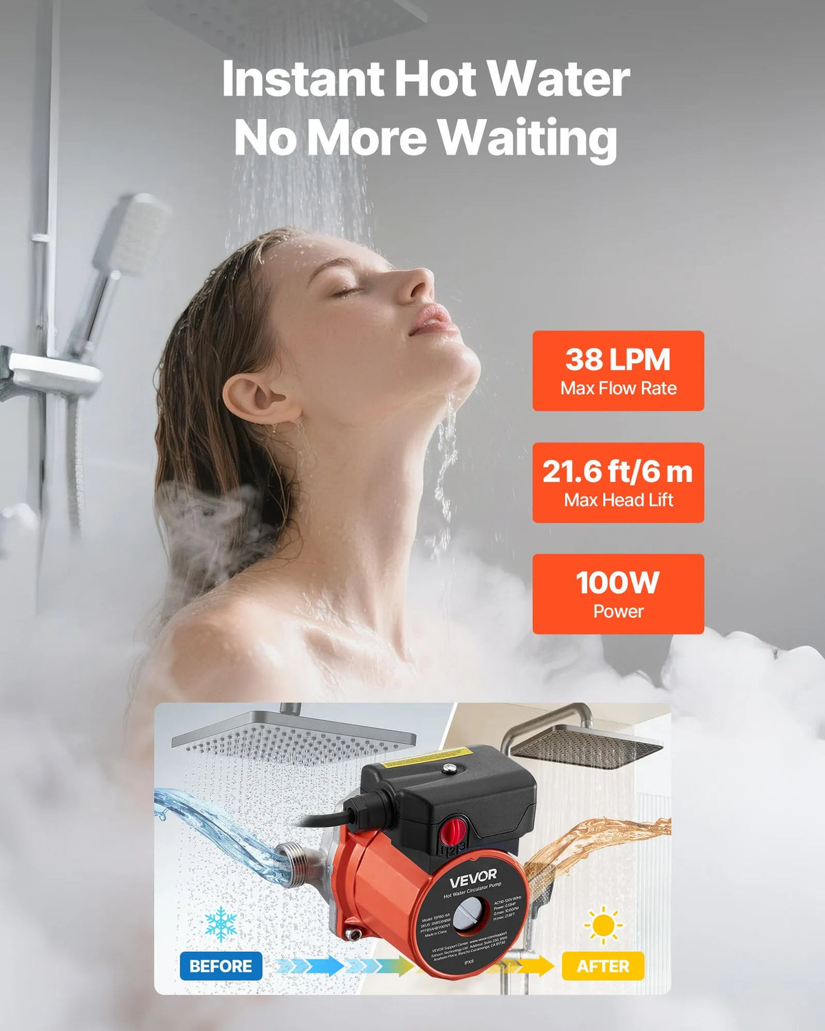 VEVOR Hot Water Recirculation Pump, 38 l/min, Instant Circulation System, 3-Speed Control, 100 W, AC 220–240 V, G3/4 to G1/2 Adapter, Stainless Steel Pump Head, for Water Heating Systems