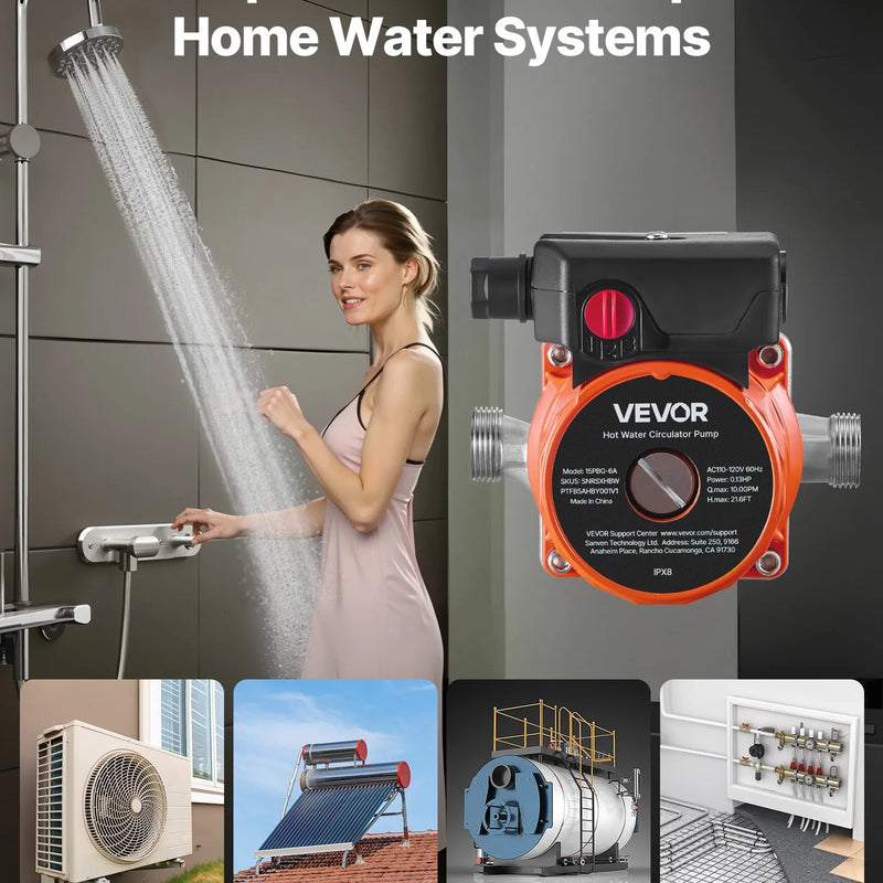 VEVOR karstā ūdens recirkulācijas sūknis, 38 l/min, tūlītējas cirkulācijas sistēma, 3 ātrumu regulēšana, 100 W, AC 220–240 V, G3/4 līdz G1/2 adapteris, nerūsējošā tērauda sūkņa galva, ūdens sildītāju sistēmām