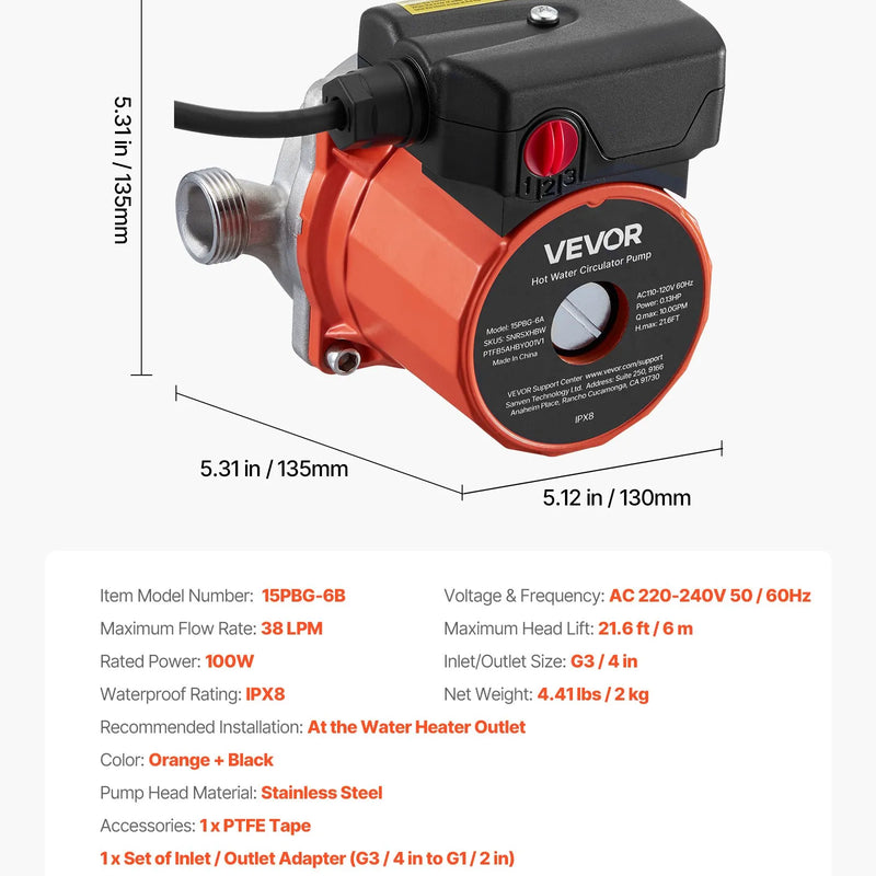 VEVOR karstā ūdens recirkulācijas sūknis, 38 l/min, tūlītējas cirkulācijas sistēma, 3 ātrumu regulēšana, 100 W, AC 220–240 V, G3/4 līdz G1/2 adapteris, nerūsējošā tērauda sūkņa galva, ūdens sildītāju sistēmām