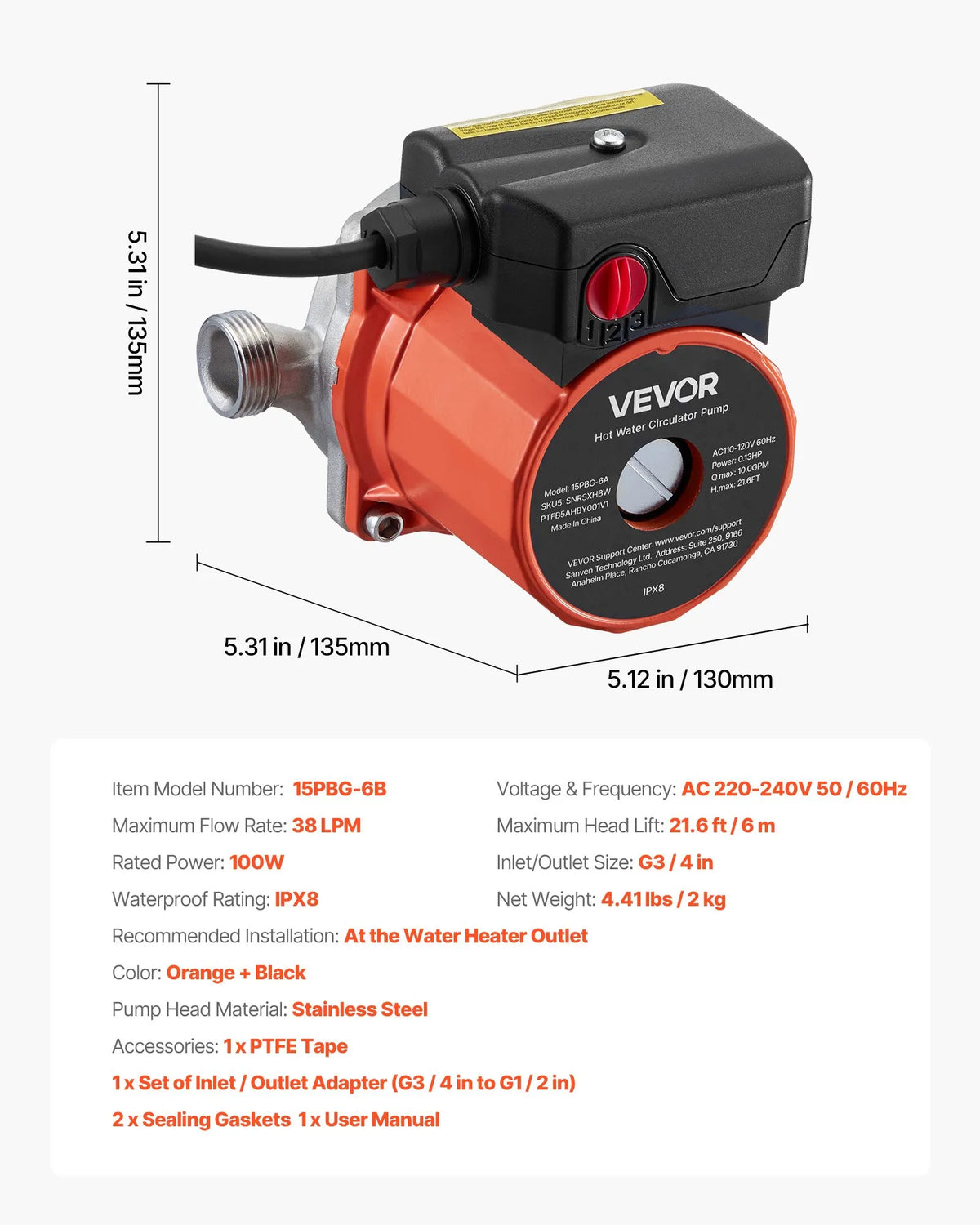 VEVOR Hot Water Recirculation Pump, 38 l/min, Instant Circulation System, 3-Speed Control, 100 W, AC 220–240 V, G3/4 to G1/2 Adapter, Stainless Steel Pump Head, for Water Heating Systems