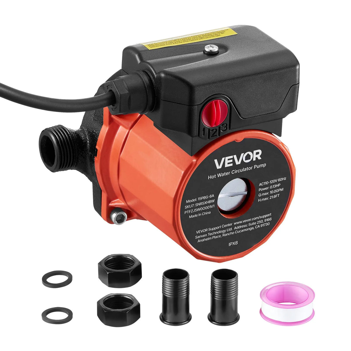 VEVOR Hot Water Recirculation Pump, 38 l/min, Instant Circulation System, 3-Speed Control, 100 W, AC 220–240 V, G3/4 to G1/2 Adapter, Cast Iron Pump Head, for Water Heating Systems