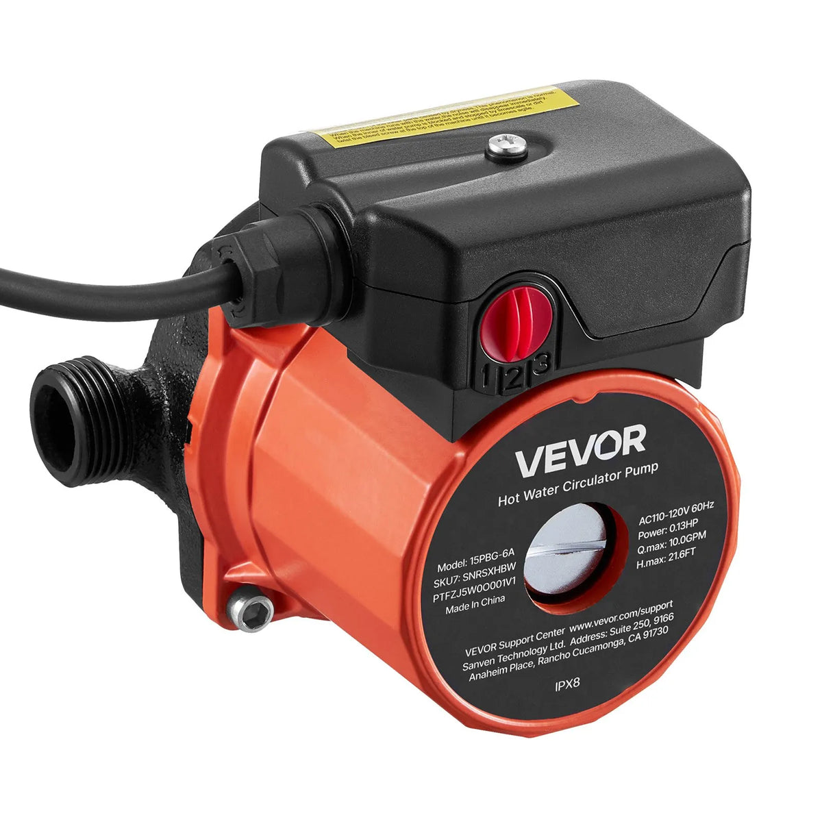 VEVOR Hot Water Recirculation Pump, 38 l/min, Instant Circulation System, 3-Speed Control, 100 W, AC 220–240 V, G3/4 to G1/2 Adapter, Cast Iron Pump Head, for Water Heating Systems