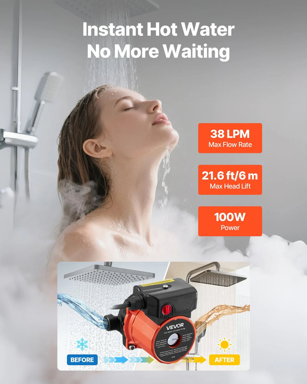 VEVOR Hot Water Recirculation Pump, 38 l/min, Instant Circulation System, 3-Speed Control, 100 W, AC 220–240 V, G3/4 to G1/2 Adapter, Cast Iron Pump Head, for Water Heating Systems