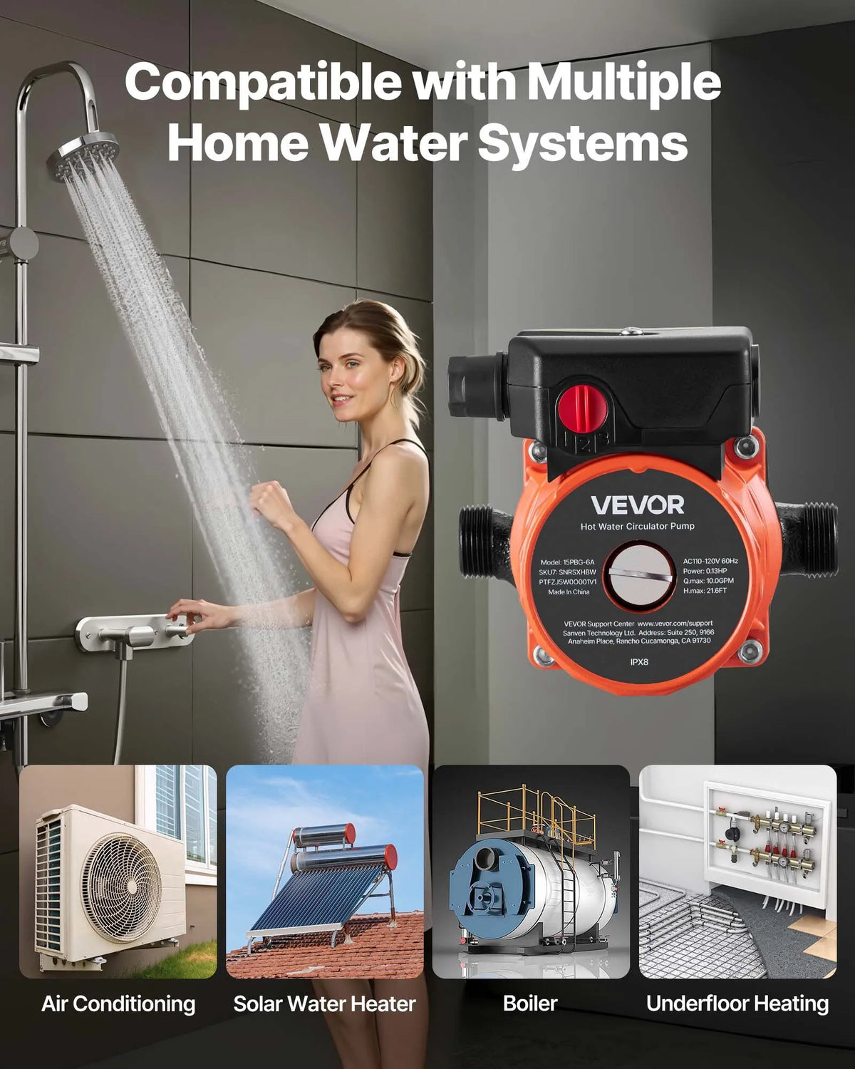 VEVOR Hot Water Recirculation Pump, 38 l/min, Instant Circulation System, 3-Speed Control, 100 W, AC 220–240 V, G3/4 to G1/2 Adapter, Cast Iron Pump Head, for Water Heating Systems