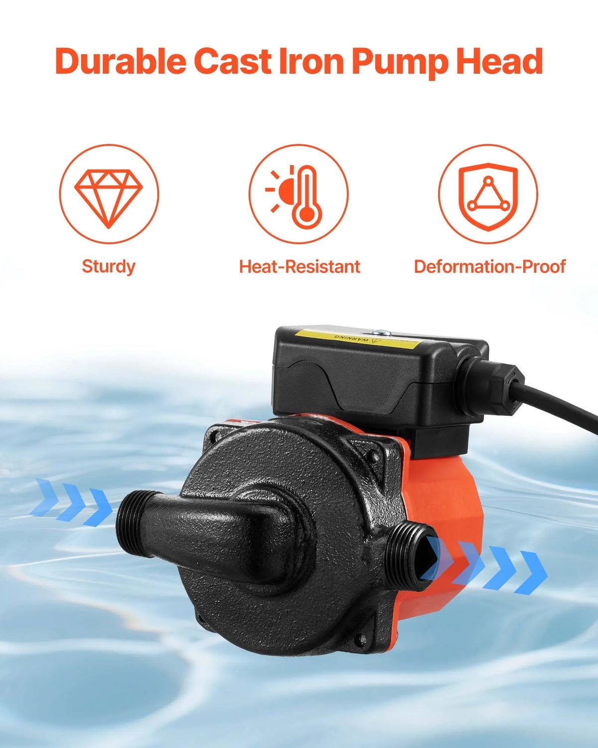 VEVOR Hot Water Recirculation Pump, 38 l/min, Instant Circulation System, 3-Speed Control, 100 W, AC 220–240 V, G3/4 to G1/2 Adapter, Cast Iron Pump Head, for Water Heating Systems