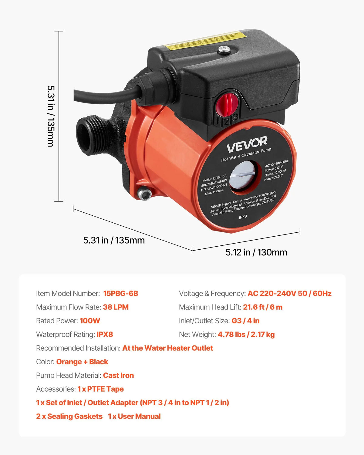 VEVOR Hot Water Recirculation Pump, 38 l/min, Instant Circulation System, 3-Speed Control, 100 W, AC 220–240 V, G3/4 to G1/2 Adapter, Cast Iron Pump Head, for Water Heating Systems