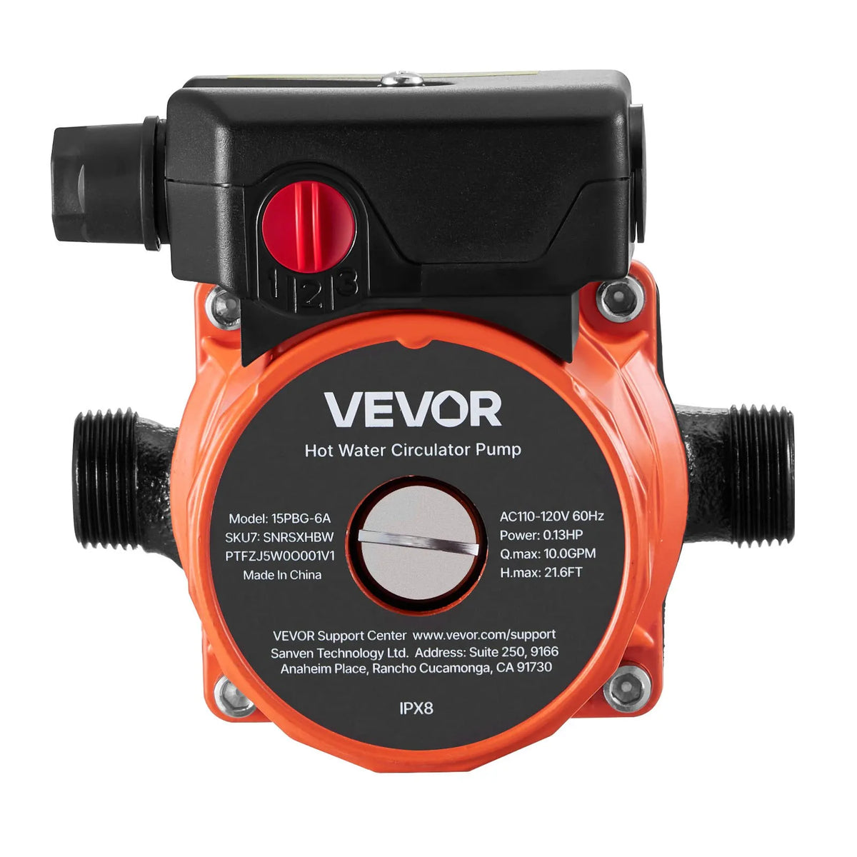 VEVOR Hot Water Recirculation Pump, 38 l/min, Instant Circulation System, 3-Speed Control, 100 W, AC 220–240 V, G3/4 to G1/2 Adapter, Cast Iron Pump Head, for Water Heating Systems