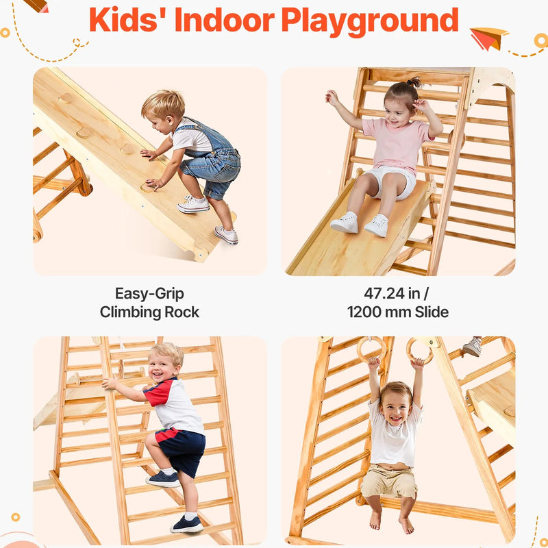 VEVOR iekštelpu rotaļu laukums–džungļu rāmis, 4-in-1 koka kāpšanas rotaļlieta bērniem, Montessori tipa kāpelēšanas komplekts ar klinšu kāpšanas sienu, slidkalniņu, koka kāpnēm un vingrošanas riņķiem, slodze līdz 100 kg