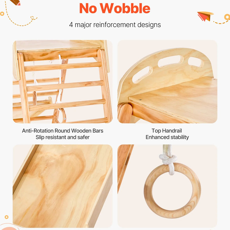 VEVOR iekštelpu rotaļu laukums–džungļu rāmis, 4-in-1 koka kāpšanas rotaļlieta bērniem, Montessori tipa kāpelēšanas komplekts ar klinšu kāpšanas sienu, slidkalniņu, koka kāpnēm un vingrošanas riņķiem, slodze līdz 100 kg