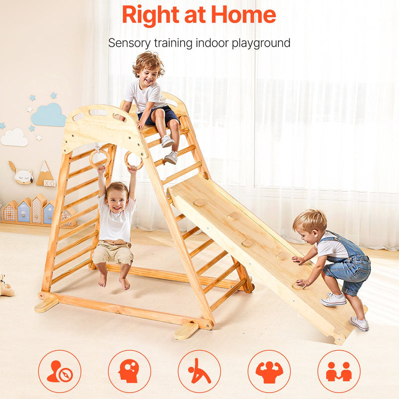 VEVOR iekštelpu rotaļu laukums–džungļu rāmis, 4-in-1 koka kāpšanas rotaļlieta bērniem, Montessori tipa kāpelēšanas komplekts ar klinšu kāpšanas sienu, slidkalniņu, koka kāpnēm un vingrošanas riņķiem, slodze līdz 100 kg