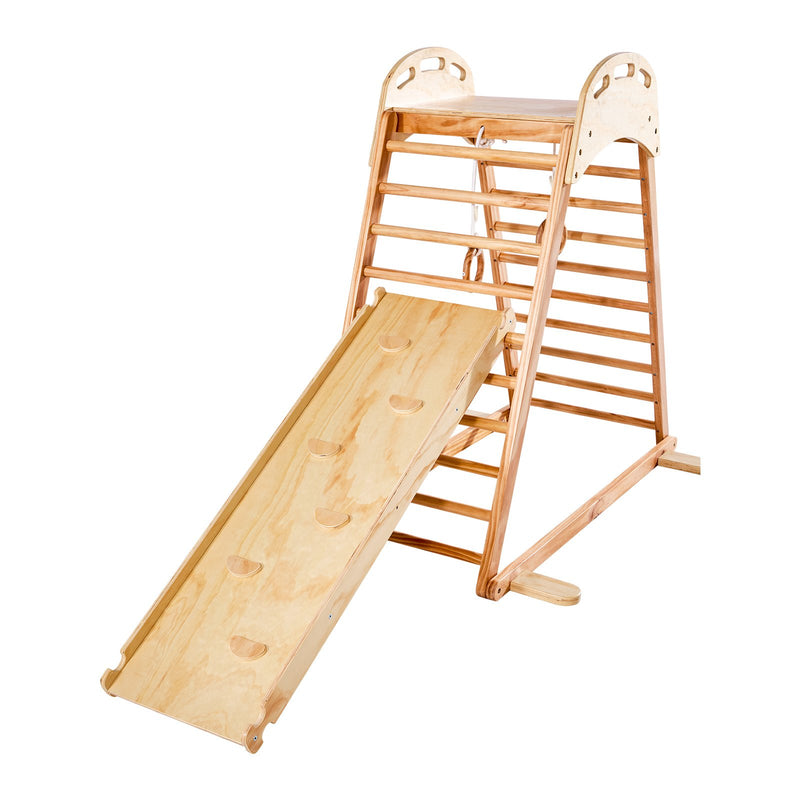 VEVOR iekštelpu rotaļu laukums–džungļu rāmis, 4-in-1 koka kāpšanas rotaļlieta bērniem, Montessori tipa kāpelēšanas komplekts ar klinšu kāpšanas sienu, slidkalniņu, koka kāpnēm un vingrošanas riņķiem, slodze līdz 100 kg