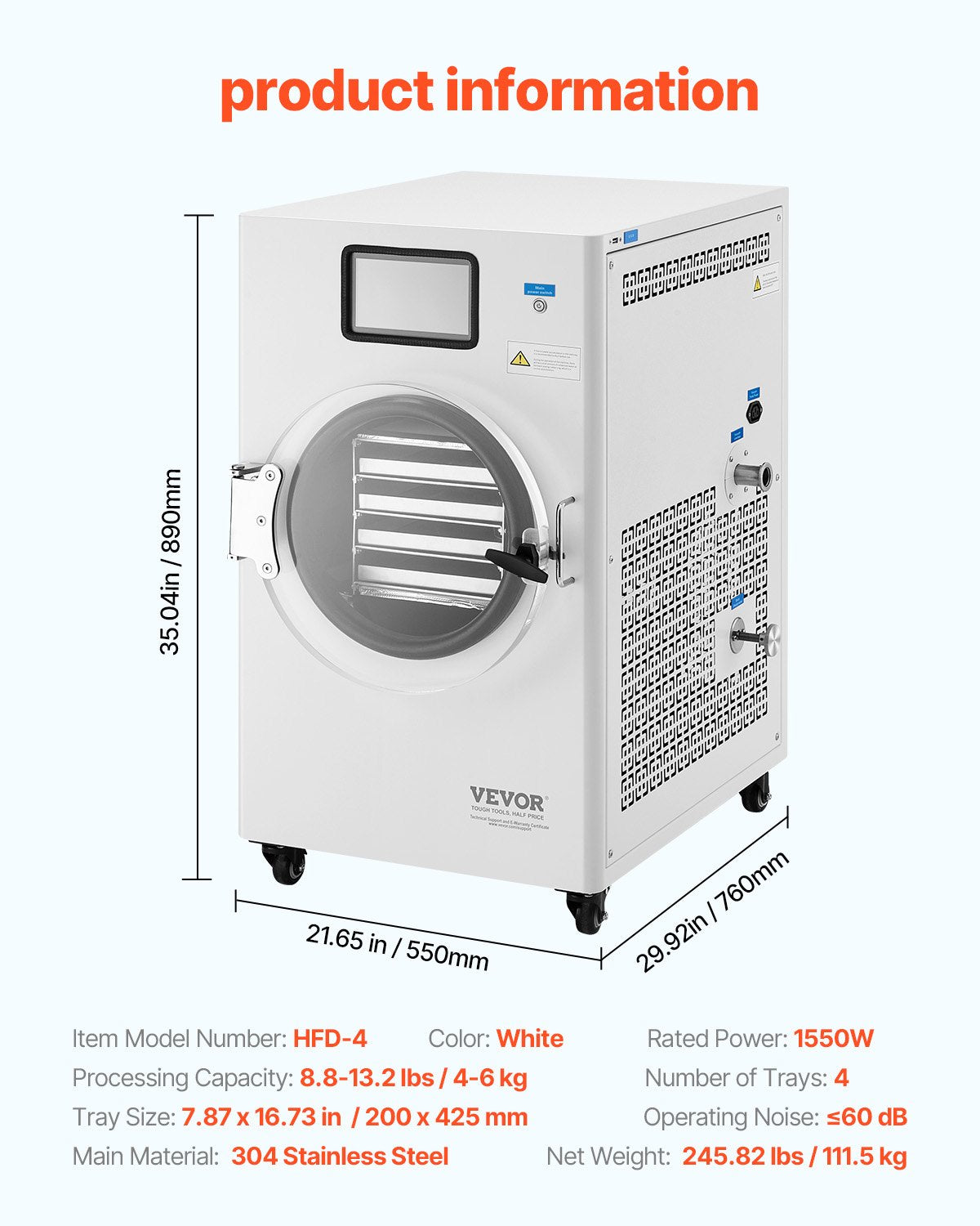 VEVOR Vacuum Freeze Dryer, 4-Tier Fruit and Vegetable Freeze Dryer, White