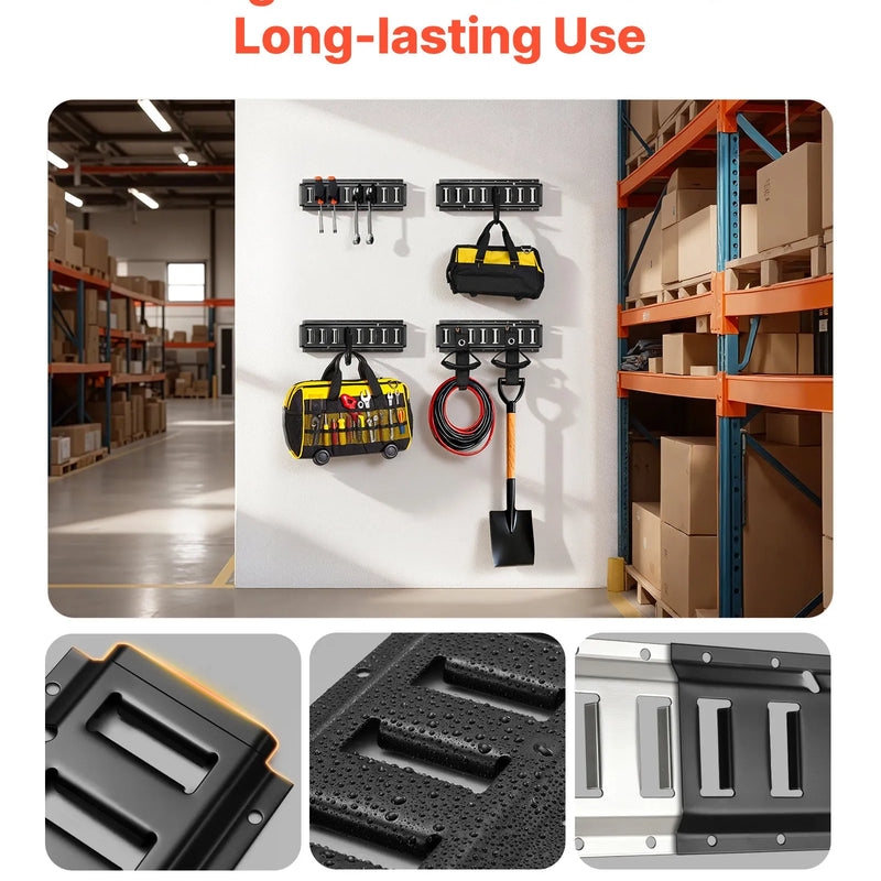 VEVOR E-Track nostiprināšanas sliežu komplekts, 4 gab., 0,4 m E-Track sliedes, 2 U veida āķi, 2 instrumentu turētāji, 2 sliežu plauktu kronšteini, 2 riepu turētāji, 2 kabeļu glabāšanas riņķi, 8 gala vāciņi un 1 soma, piemērots furgoniem un piekabēm