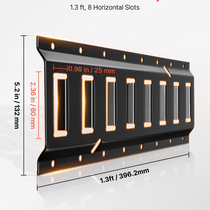 VEVOR E-Track nostiprināšanas sliežu komplekts, 4 gab., 0,4 m E-Track sliedes, 2 U veida āķi, 2 instrumentu turētāji, 2 sliežu plauktu kronšteini, 2 riepu turētāji, 2 kabeļu glabāšanas riņķi, 8 gala vāciņi un 1 soma, piemērots furgoniem un piekabēm
