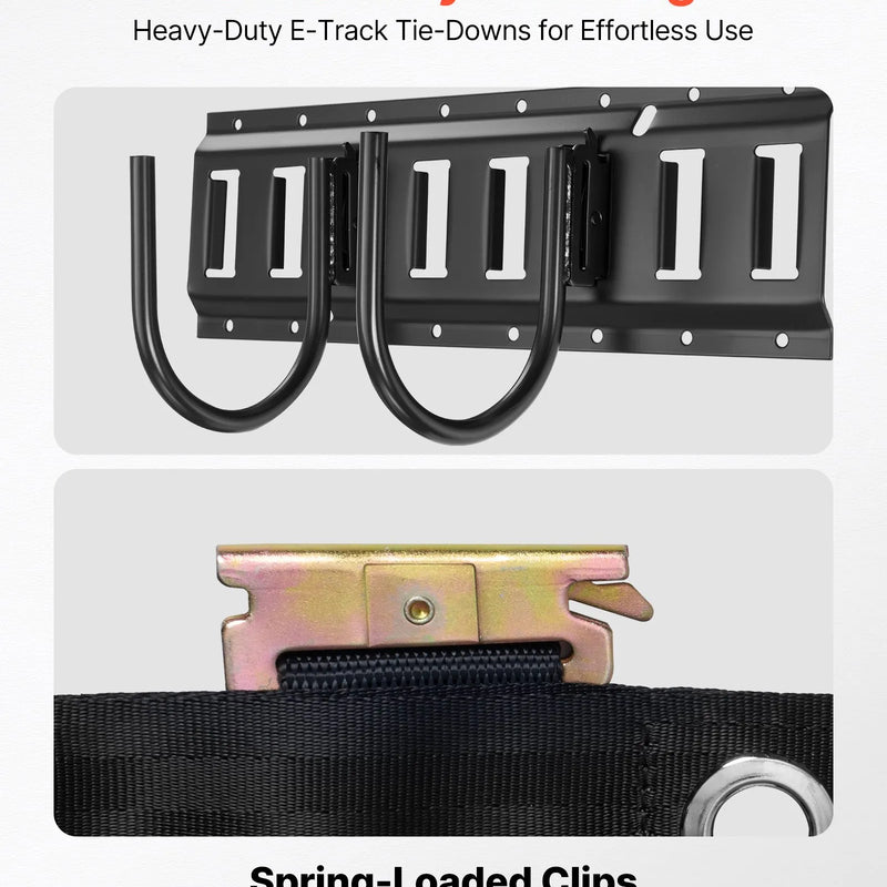 VEVOR E-Track nostiprināšanas sliežu komplekts, 4 gab., 0,4 m E-Track sliedes, 2 U veida āķi, 2 instrumentu turētāji, 2 sliežu plauktu kronšteini, 2 riepu turētāji, 2 kabeļu glabāšanas riņķi, 8 gala vāciņi un 1 soma, piemērots furgoniem un piekabēm