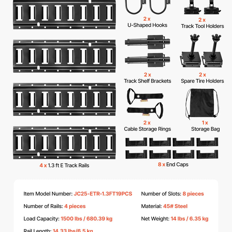 VEVOR E-Track nostiprināšanas sliežu komplekts, 4 gab., 0,4 m E-Track sliedes, 2 U veida āķi, 2 instrumentu turētāji, 2 sliežu plauktu kronšteini, 2 riepu turētāji, 2 kabeļu glabāšanas riņķi, 8 gala vāciņi un 1 soma, piemērots furgoniem un piekabēm