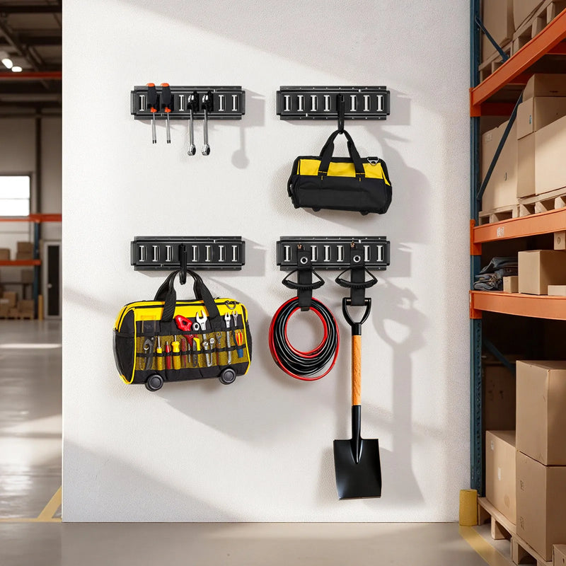 VEVOR E-Track nostiprināšanas sliežu komplekts, 4 gab., 0,4 m E-Track sliedes, 2 U veida āķi, 2 instrumentu turētāji, 2 sliežu plauktu kronšteini, 2 riepu turētāji, 2 kabeļu glabāšanas riņķi, 8 gala vāciņi un 1 soma, piemērots furgoniem un piekabēm